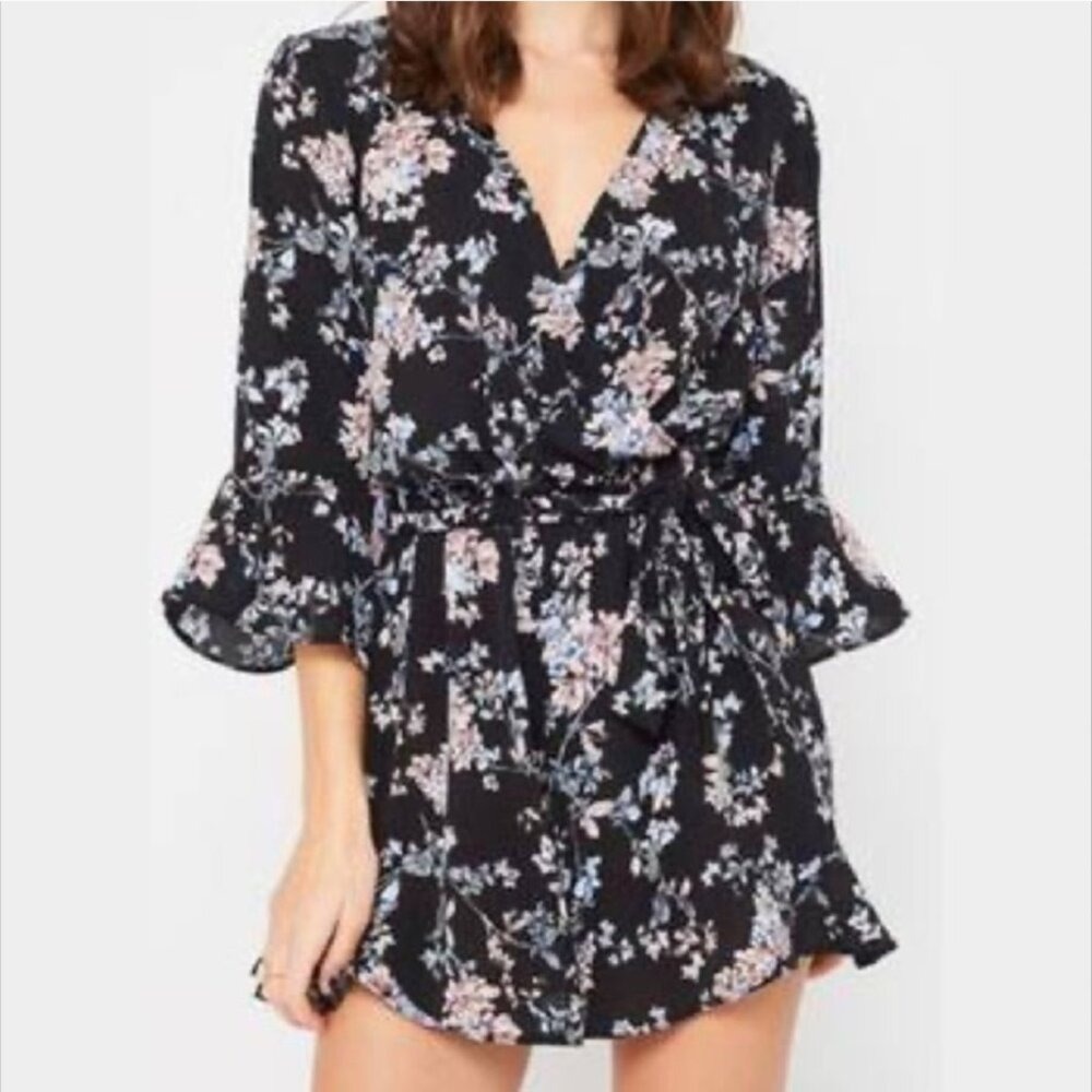 Saks Fifth Avenue Black Floral Bell Sleeve Wrap Romper L G